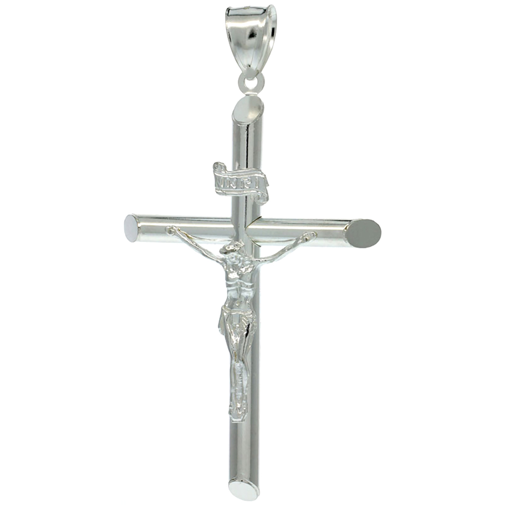 Sterling Silver Crucifix Pendant w/ Large Tubular Cross, 2 1/2 inch tall