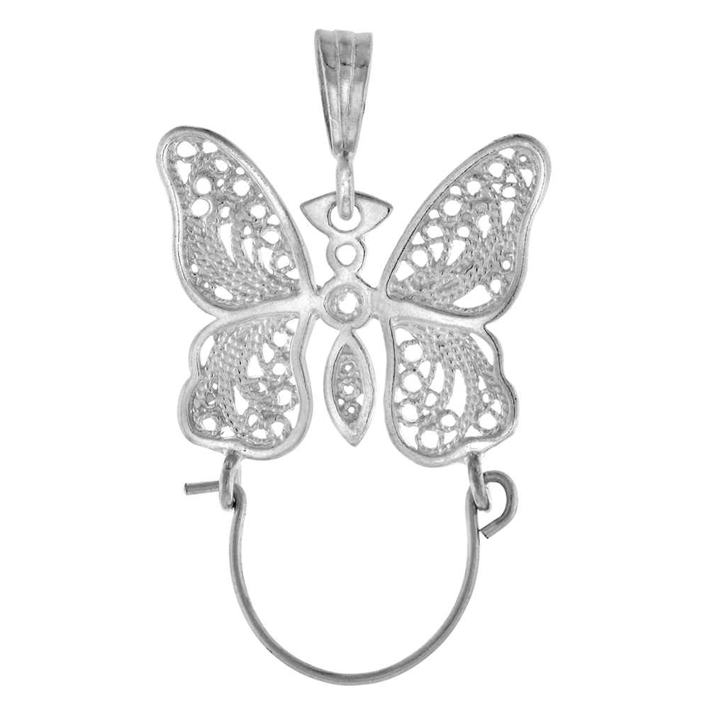 Sterling Silver Large Filigree Butterfly Charm Holder Pendant for Necklace Women 1 1/4 inch Tall