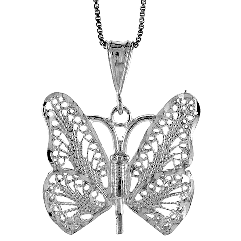 Sterling Silver Large Filigree Butterfly Pendant, 1 1/16 inch 