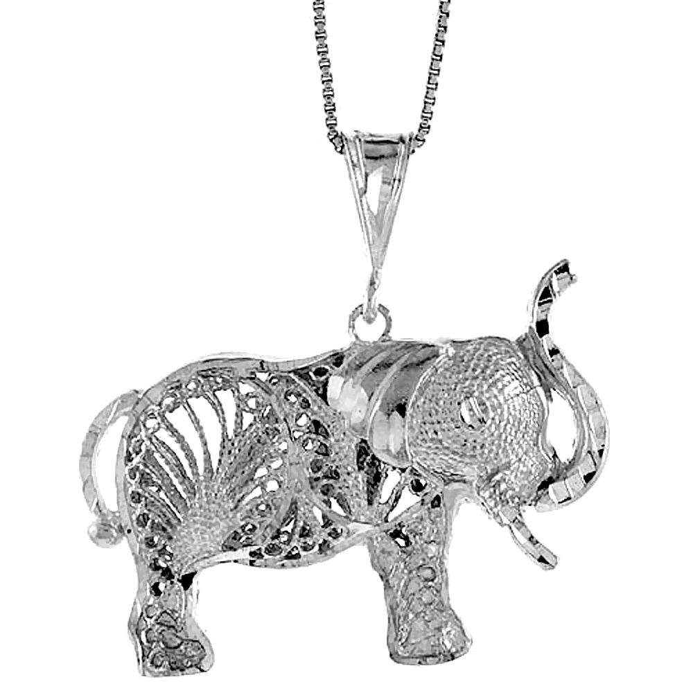 Sterling Silver Large Filigree Elephant Pendant, 1 1/16 inch 