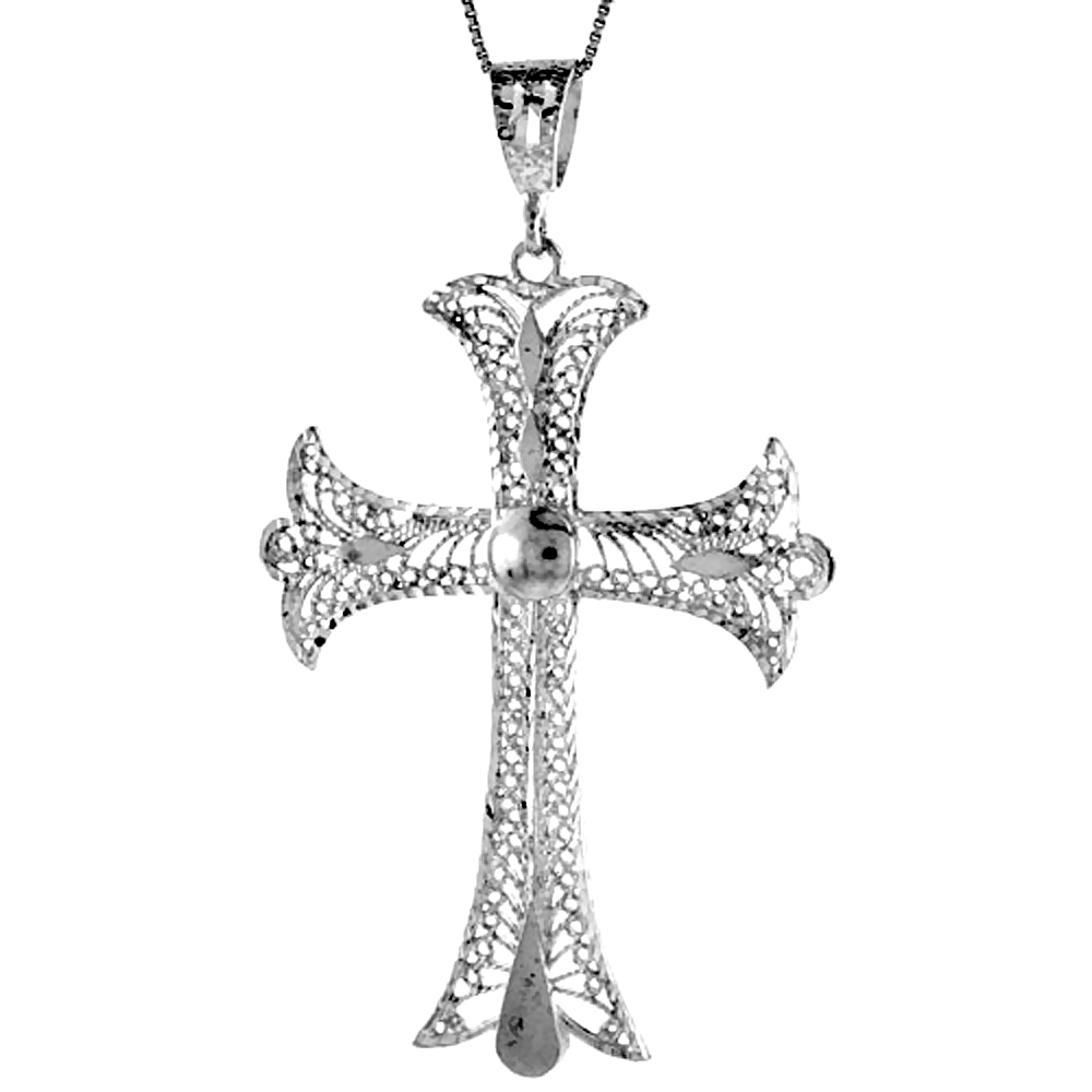 Sterling Silver Large Filigree Fleur-de-lis Cross Pendant, 2 3/4 inch 