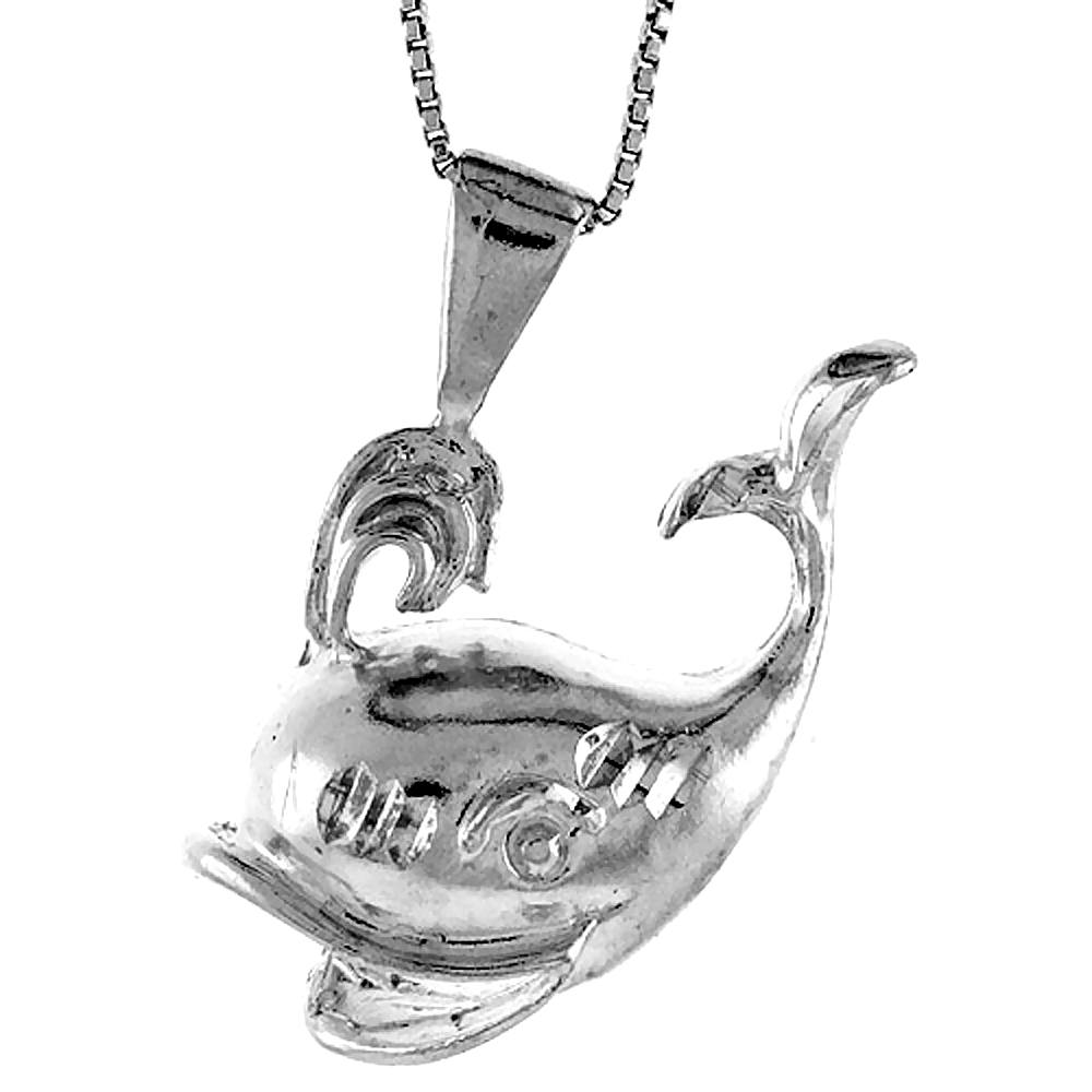 Sterling Silver Large Whale Pendant, 1 1/4 inch Tall