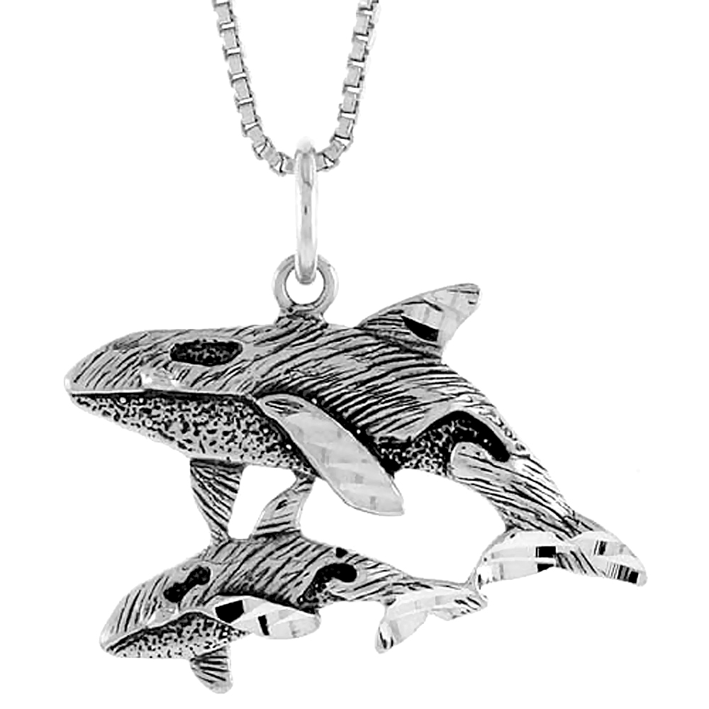 Sterling Silver Whale w/ Baby Pendant, 3/4 inch Tall