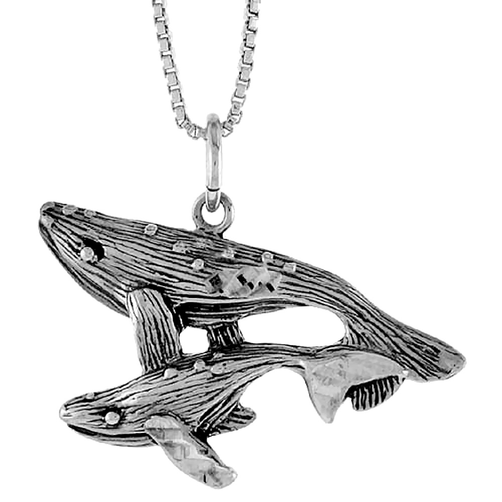 Sterling Silver Whale w/ Baby Pendant, 3/4 inch Tall