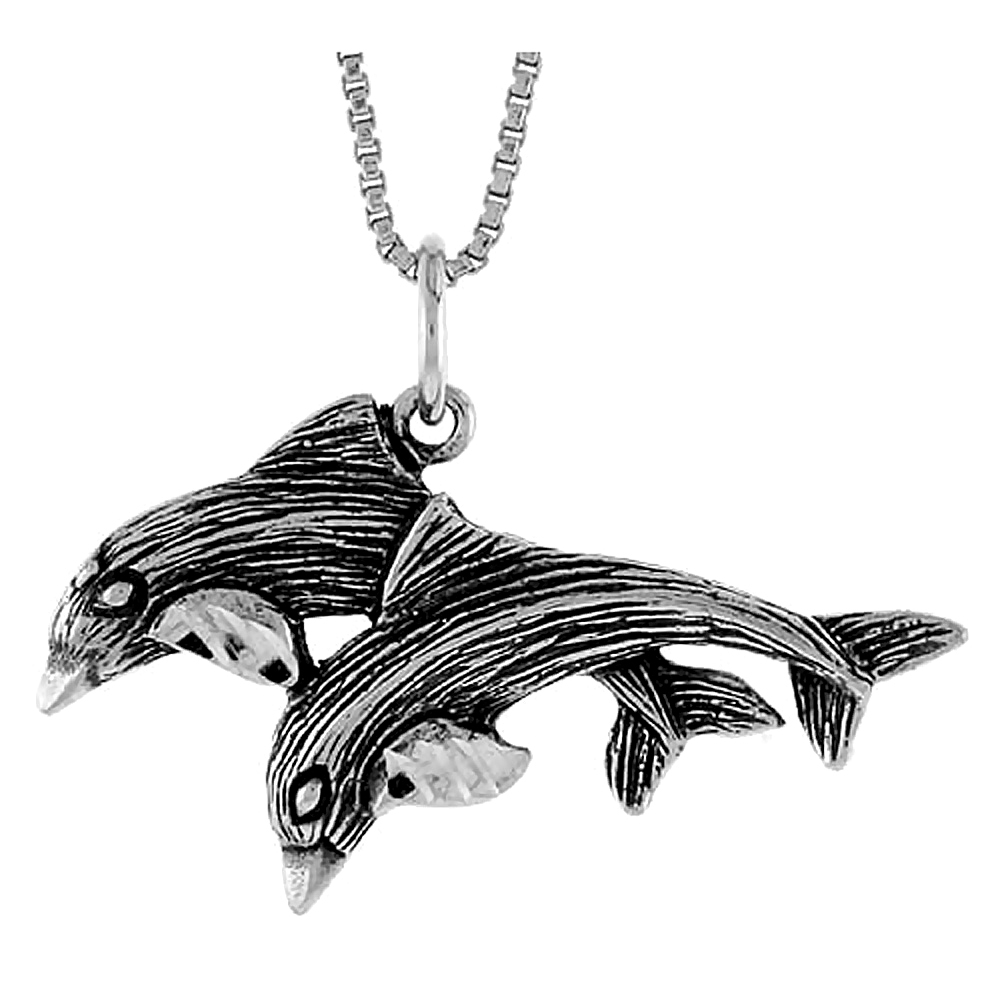 Sterling Silver Double Dolphin Pendant, 3/4 inch Tall