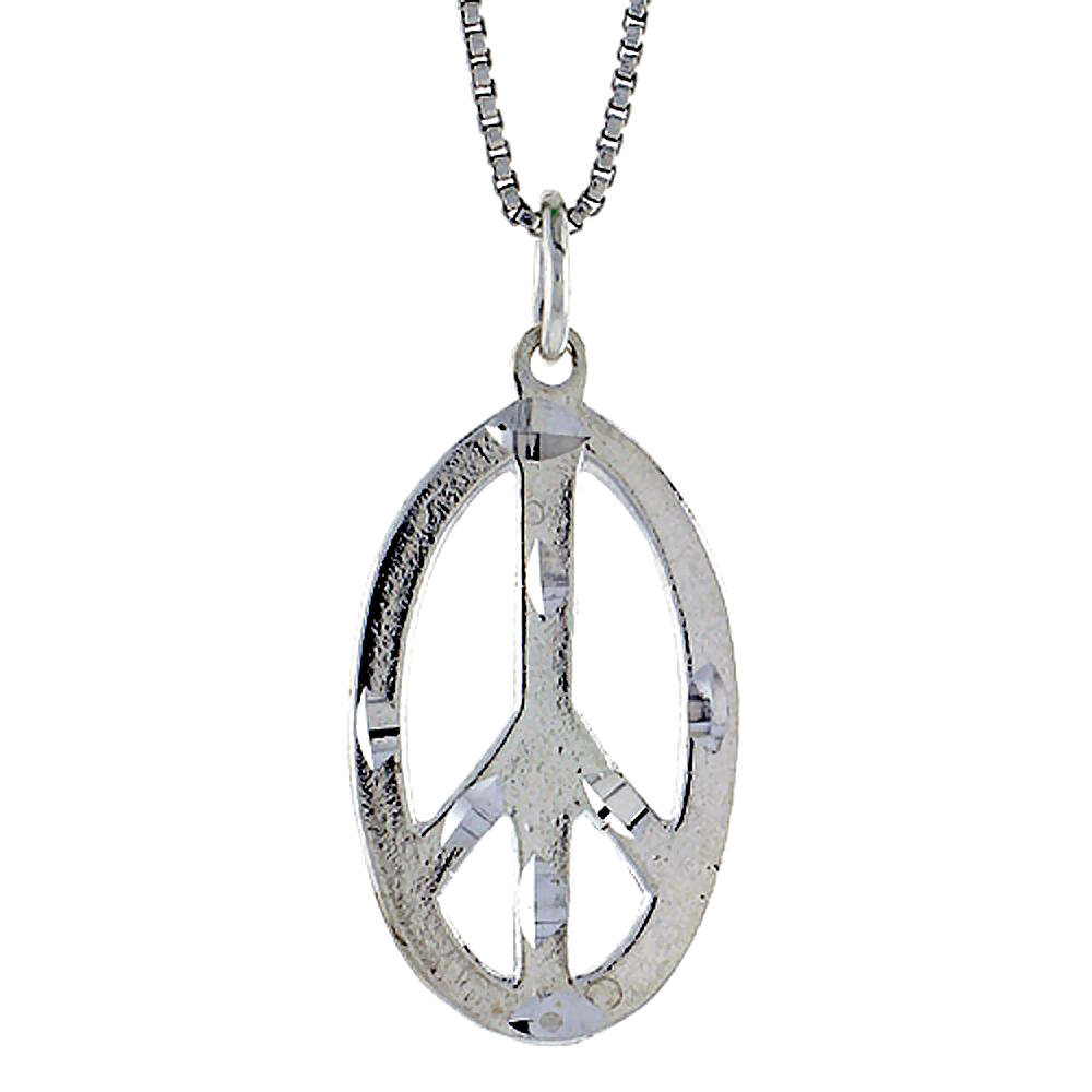 Sterling Silver Oval Peace Sign Pendant, 7/8 inch Tall