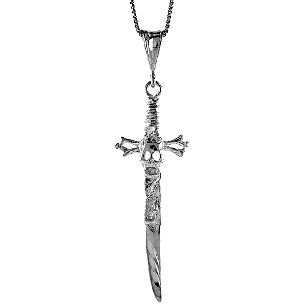 Sterling Silver Sword and Skull Pendant, 2 inch Tall