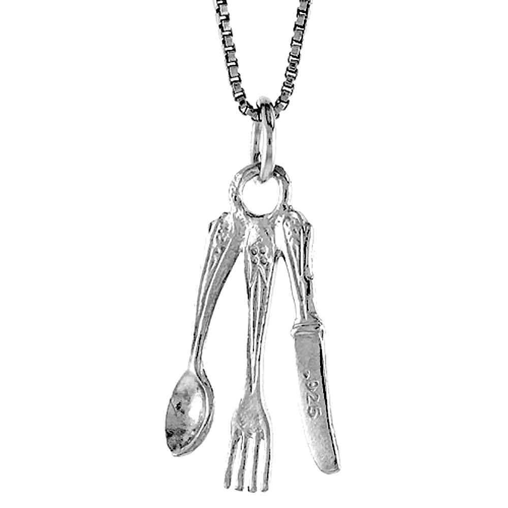 Sterling Silver Spoon, Fork and Knife Pendant, 3/4 inch Tall