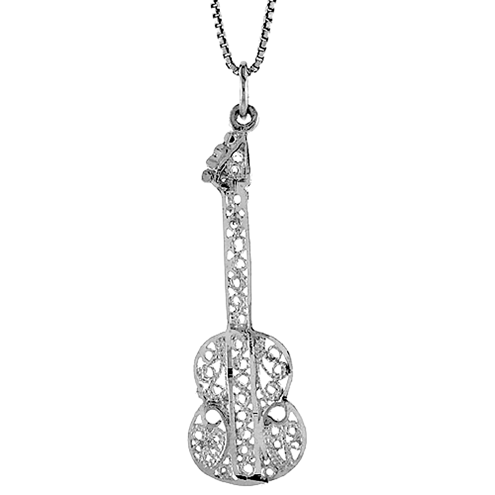 Sterling Silver Large Filigree Guitar Pendant, 1 3/4 inch Tall