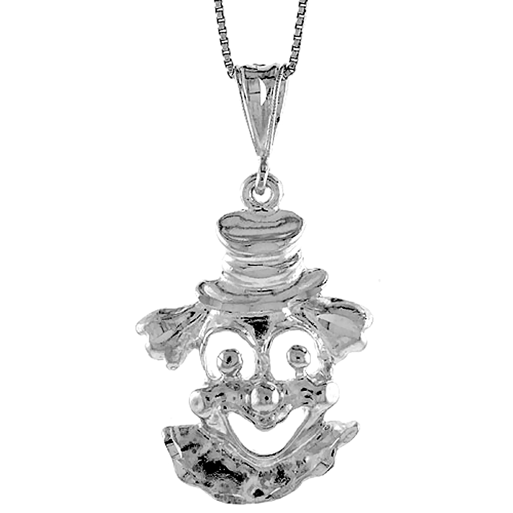 Sterling Silver Large Happy Clown Pendant, 1 1/4 inch Tall