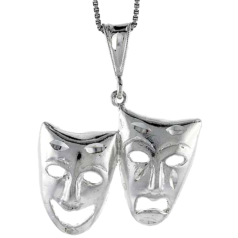 Sterling Silver Large Drama Masks Pendant, 1 inch Tall