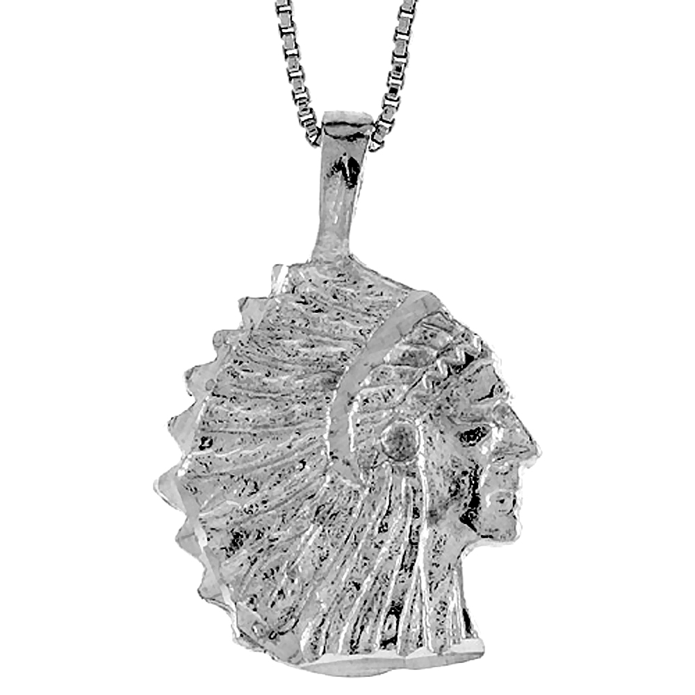 Sterling Silver Indian Chief Pendant, 7/8 inch Tall