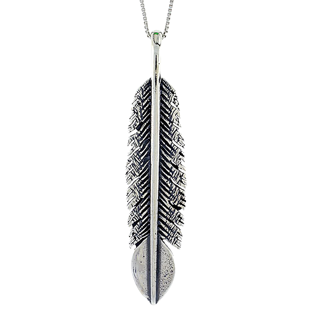 Sterling Silver Large Feather Pendant, 2 3/8 inch Tall