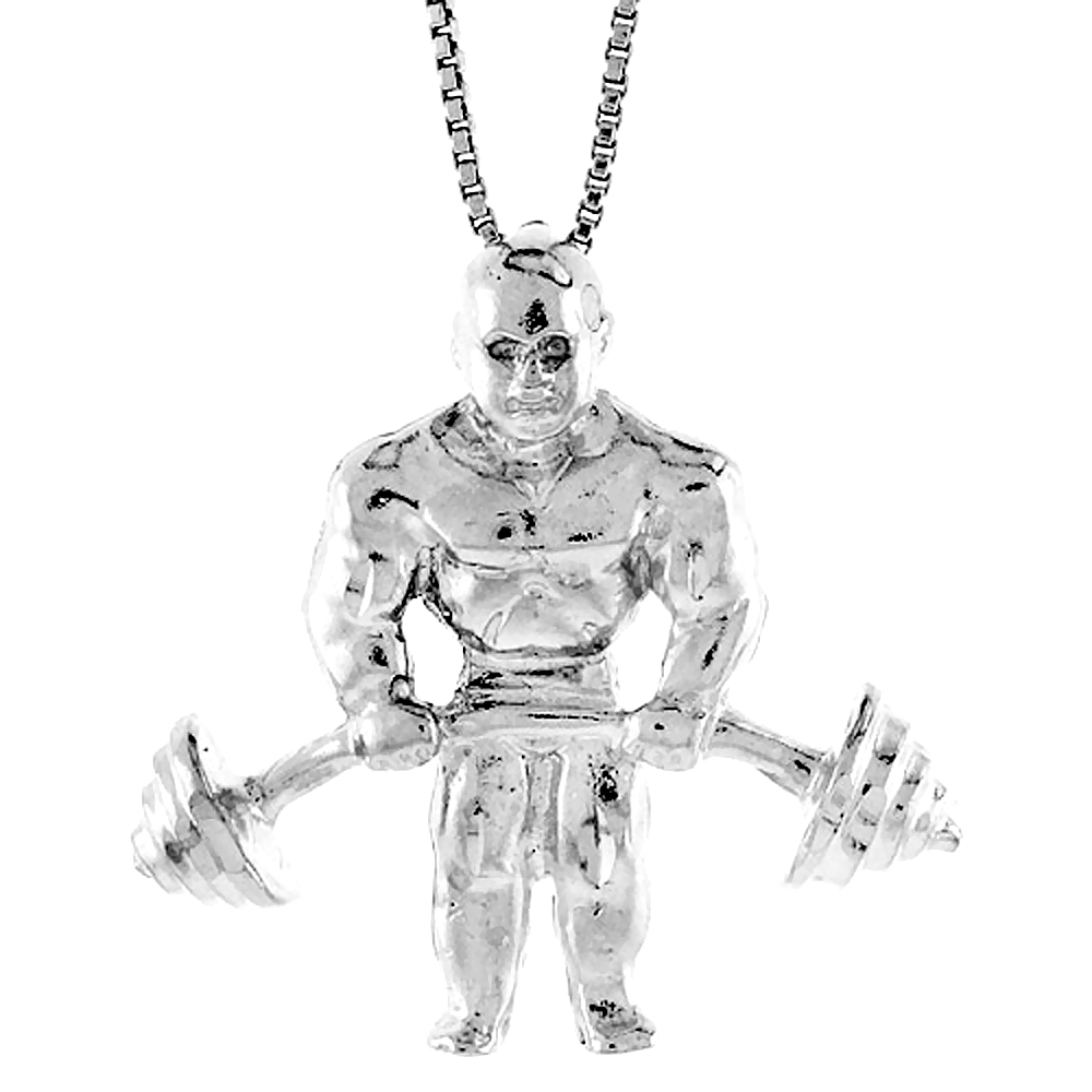 Sterling Silver Weightlifter Pendant, 1 1/8 inch Tall.