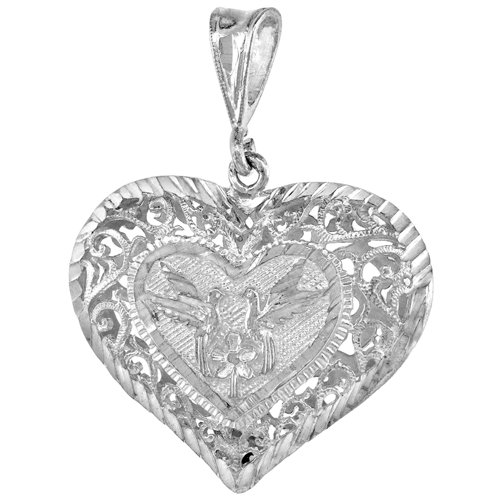 1 1/4 inch Sterling Silver Filigree Heart Pendant for Women Large