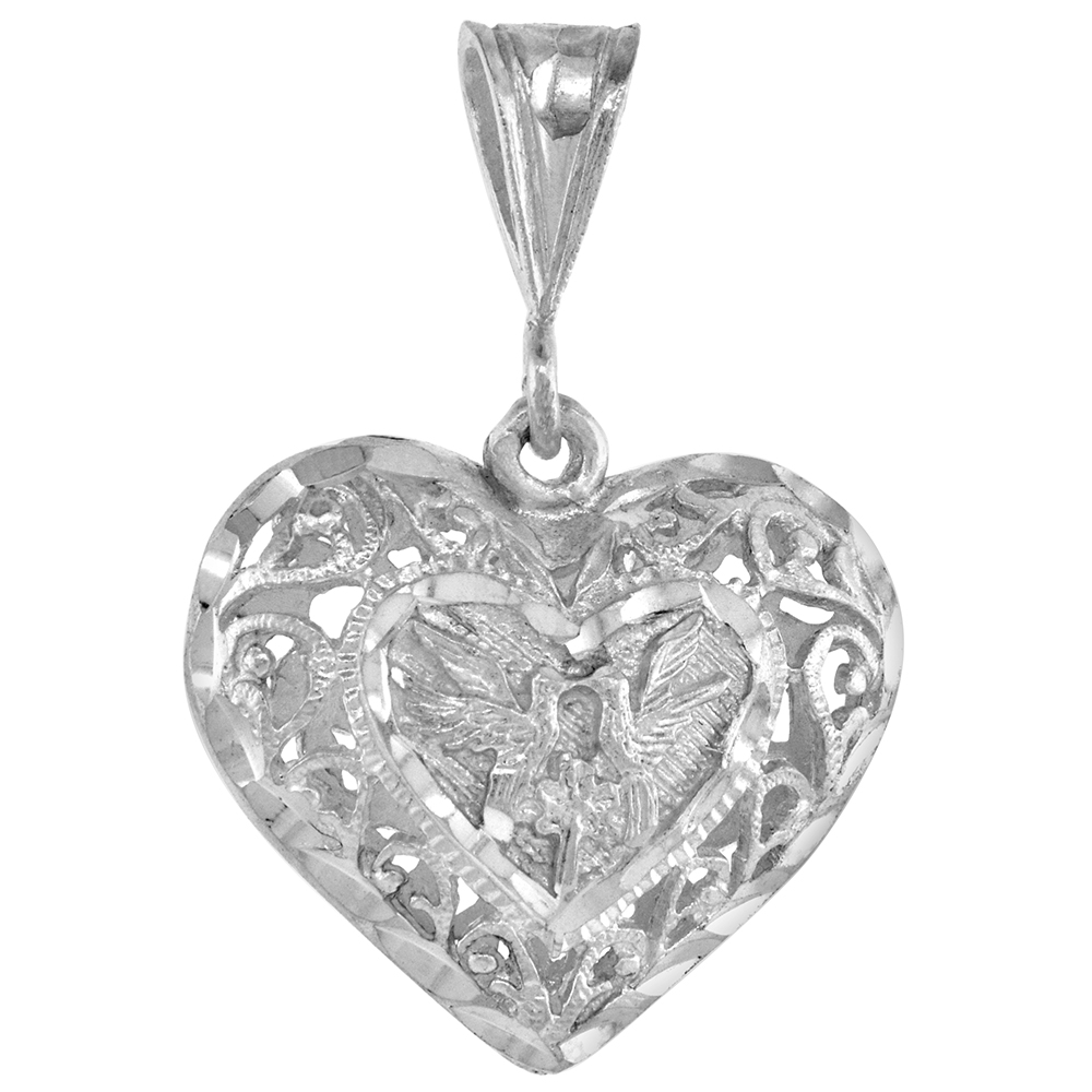 7/8 inch Sterling Silver Filigree Heart Pendant for Women
