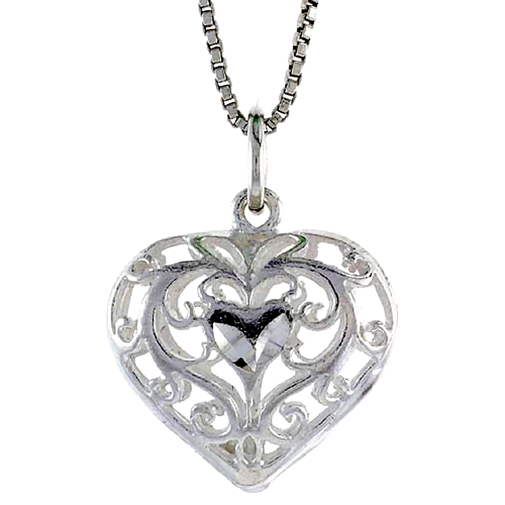 Sterling Silver Filigree Heart Pendant, 3/4 inch Tall