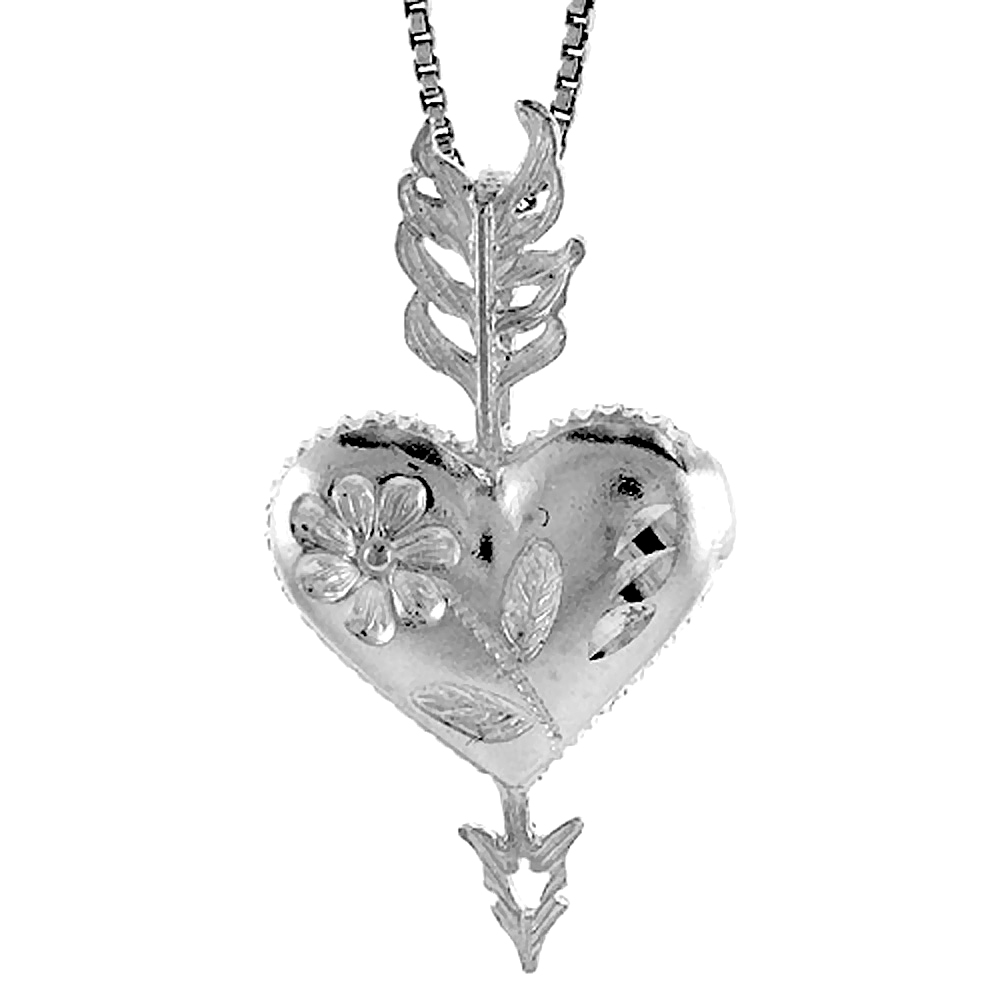 Sterling Silver Heart and Arrow Pendant, 1 1/4 inch Tall.
