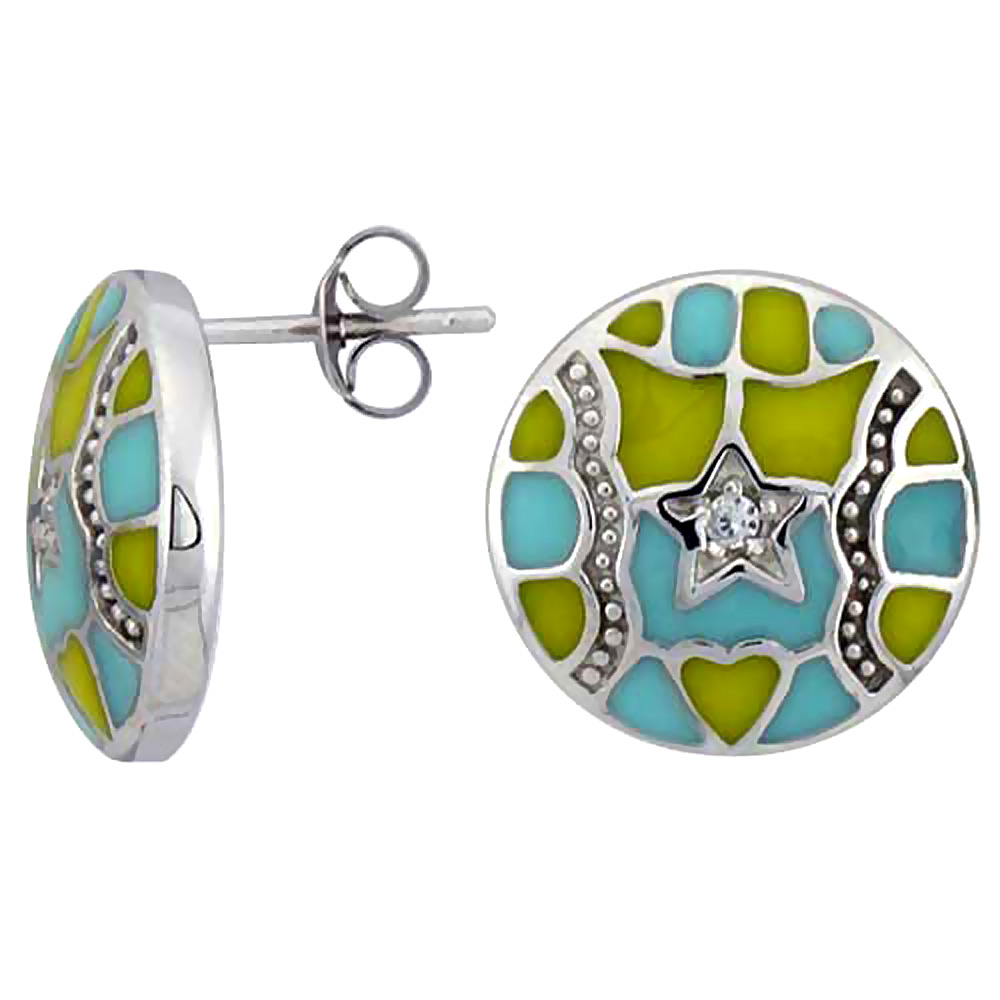 Sterling Silver 9/16" (15 mm) tall Post Earrings, Rhodium Plated w/ CZ Stones, Yellow & Blue Enamel Designs