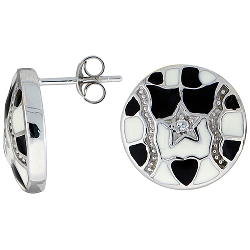 Sterling Silver 9/16" (15 mm) tall Post Earrings, Rhodium Plated w/ CZ Stones, Black & White Enamel Designs