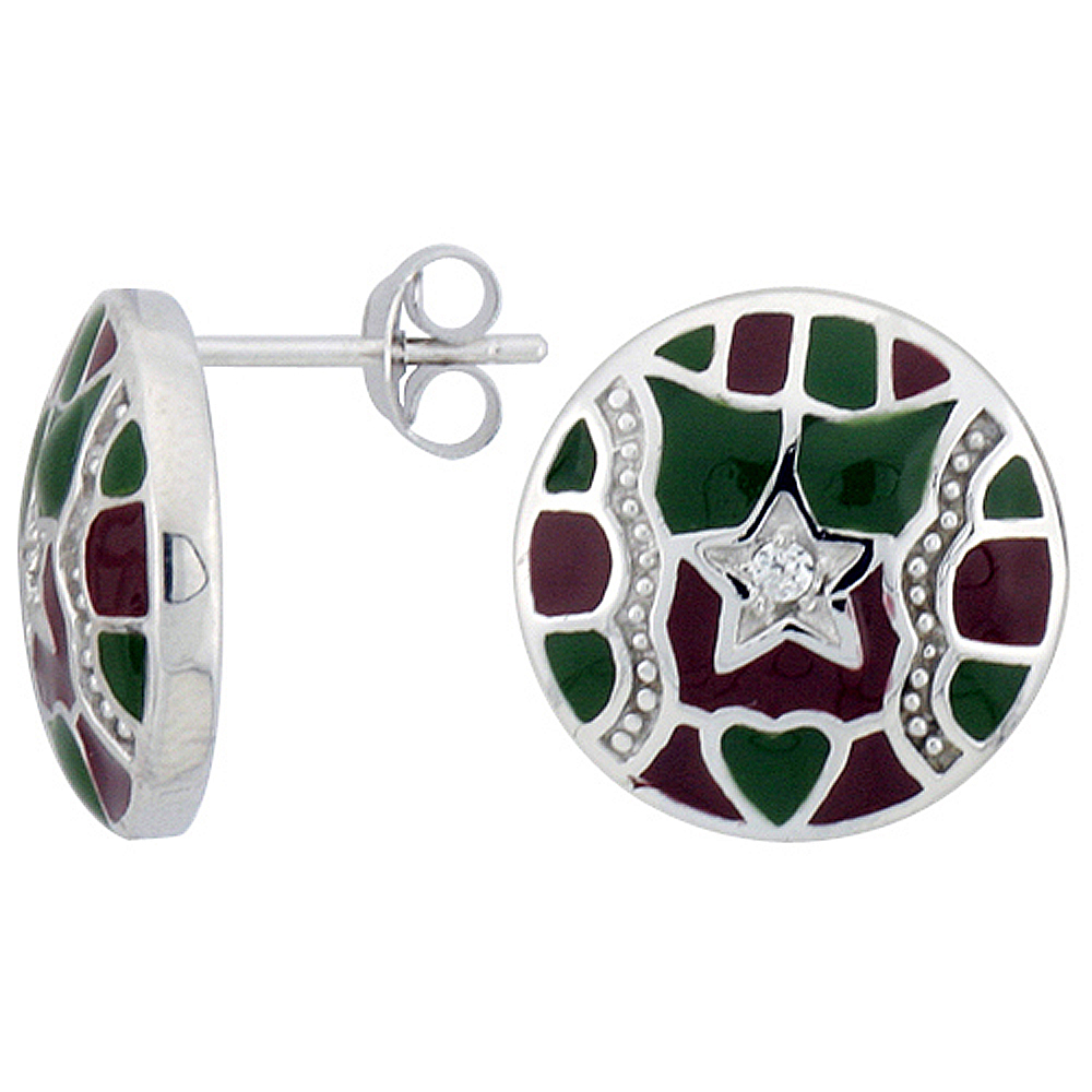 Sterling Silver 9/16" (15 mm) tall Post Earrings, Rhodium Plated w/ CZ Stones, Green & Red Enamel Designs
