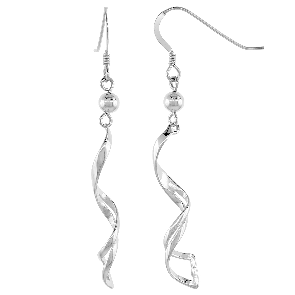 Sterling Silver Twirl Dangle Earrings Hammered, 1 9/16 inches long