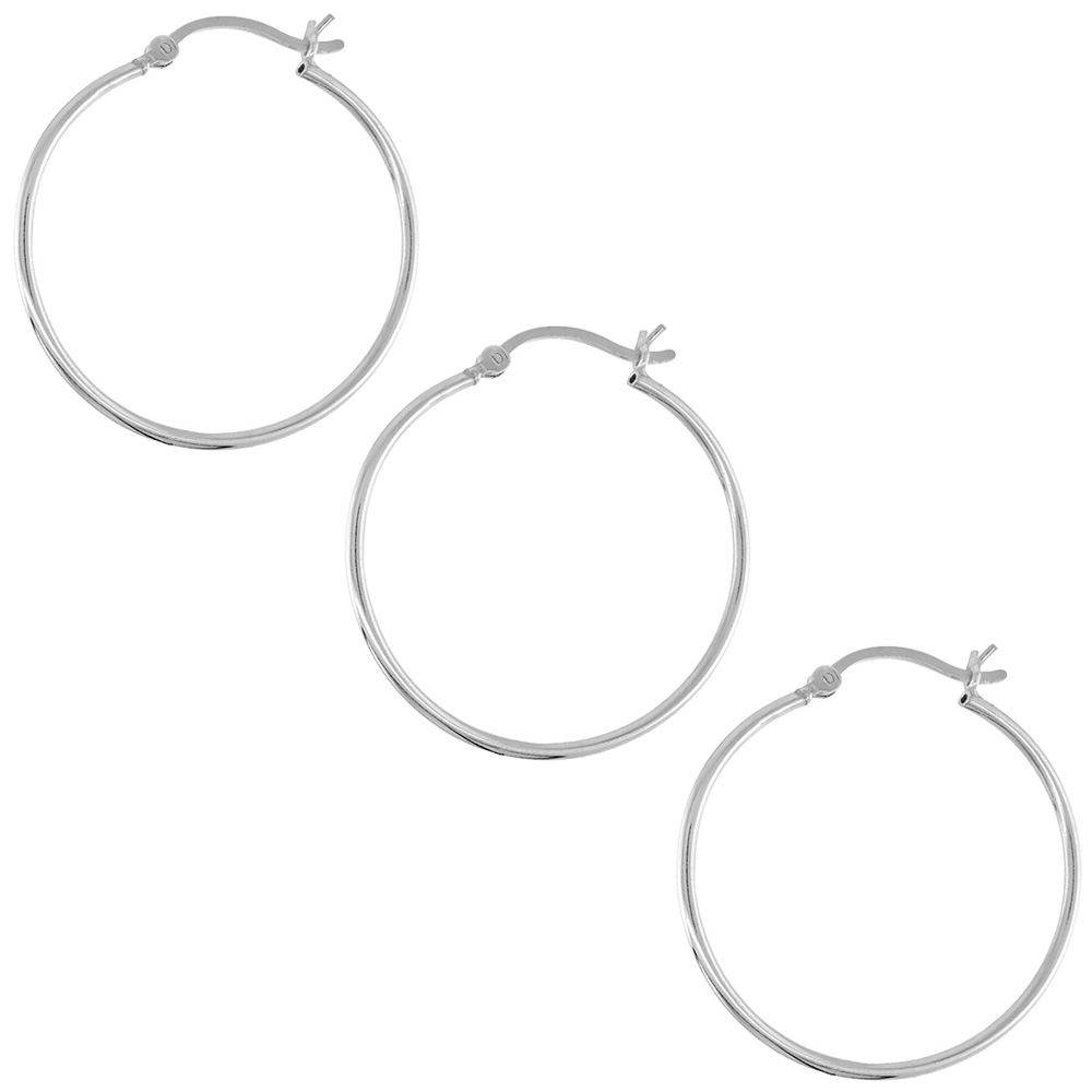 3 Pairs Sterling Silver 1 1/4 inch 30mm Hoop Earrings Women and Men Click Top thin 1mm Tube