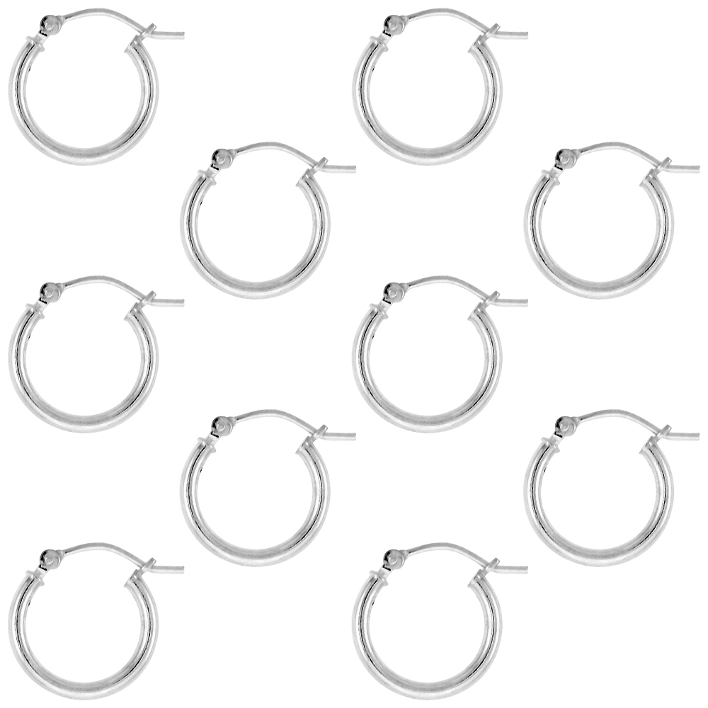 10 Pairs Sterling Silver 5/8 inch 15mm Hoop Earrings Women and Men Click Top 2mm Tube