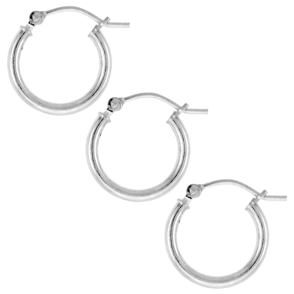 3 Pairs Sterling Silver 5/8 inch 15mm Hoop Earrings Women and Men Click Top 2mm Tube