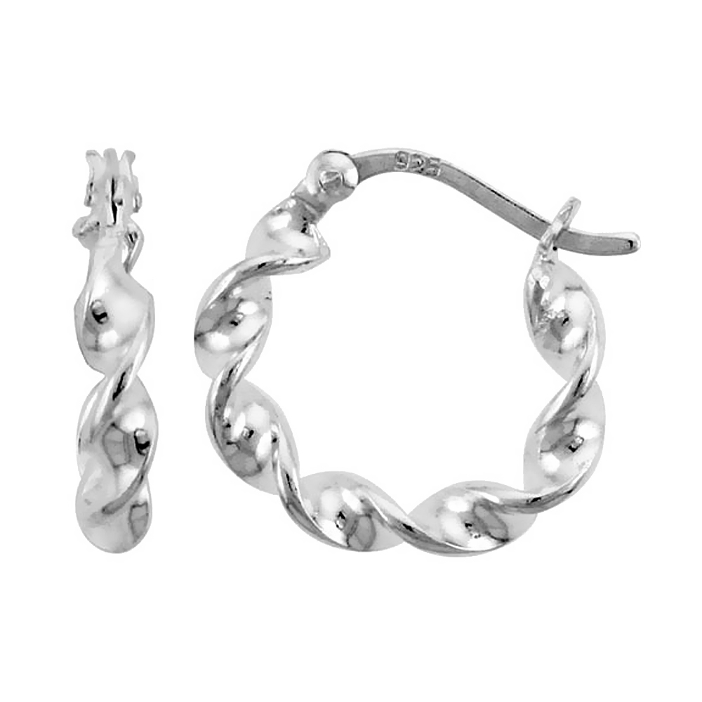 Sterling Silver 15mm Twisted Hoop Earrings for Women with Post-Snap Closure 3mm Flat Wire 5/8 inch round