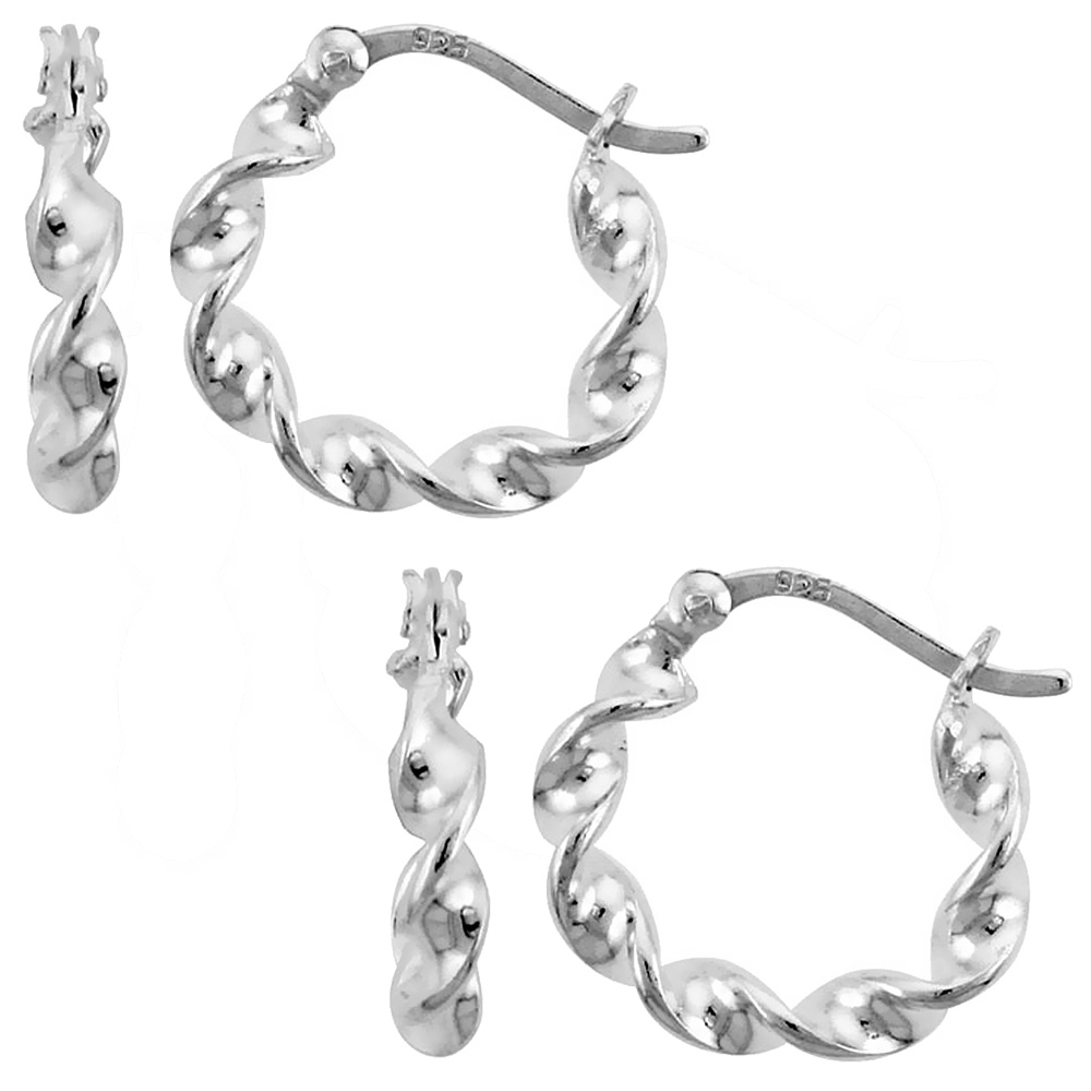 2-Pair Pack Sterling Silver 15mm Twisted Hoop Earrings for Women with Post-Snap Closure 3mm Flat Wire 5/8 inch round