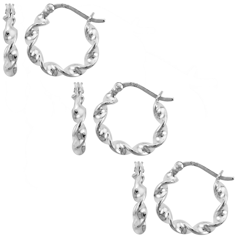 3-Pair Pack Sterling Silver 15mm Twisted Hoop Earrings for Women with Post-Snap Closure 3mm Flat Wire 5/8 inch round