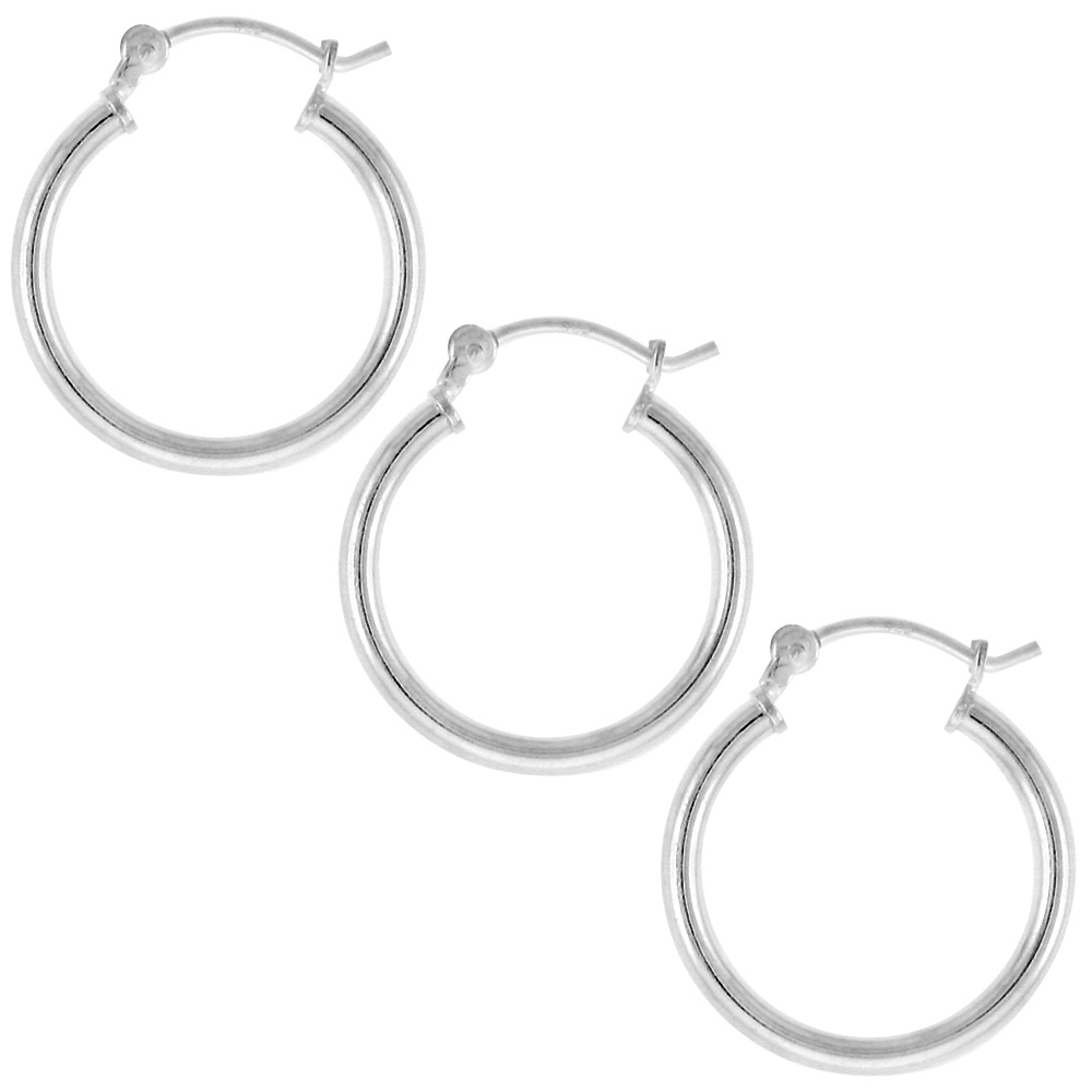 3 Pairs Sterling Silver 3/4 inch 18mm Hoop Earrings Women and Men Click Top 2mm Tube