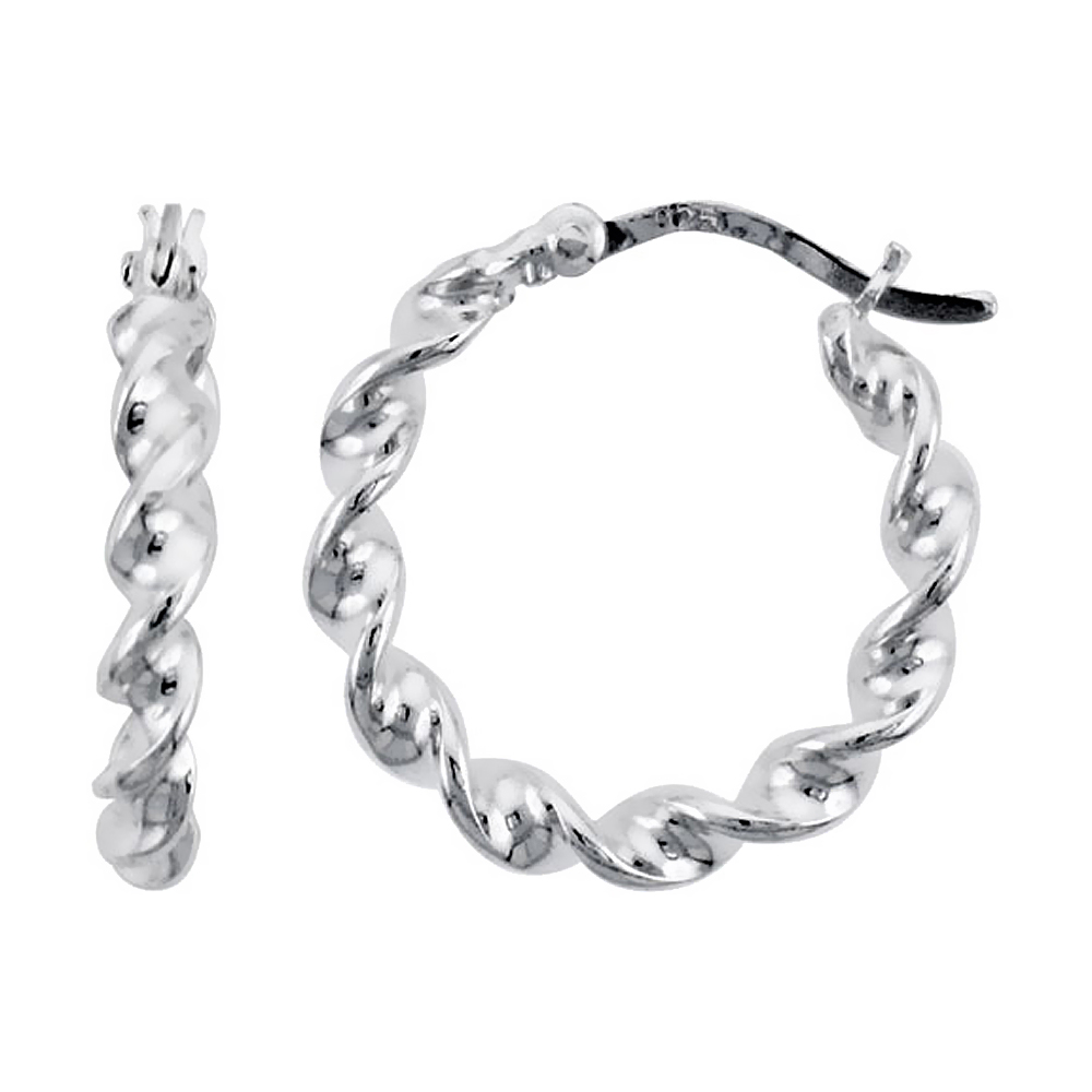 Sterling Silver 20mm Twisted Hoop Earrings for Women with Post-Snap Closure 3mm Flat Wire 3/4 inch round