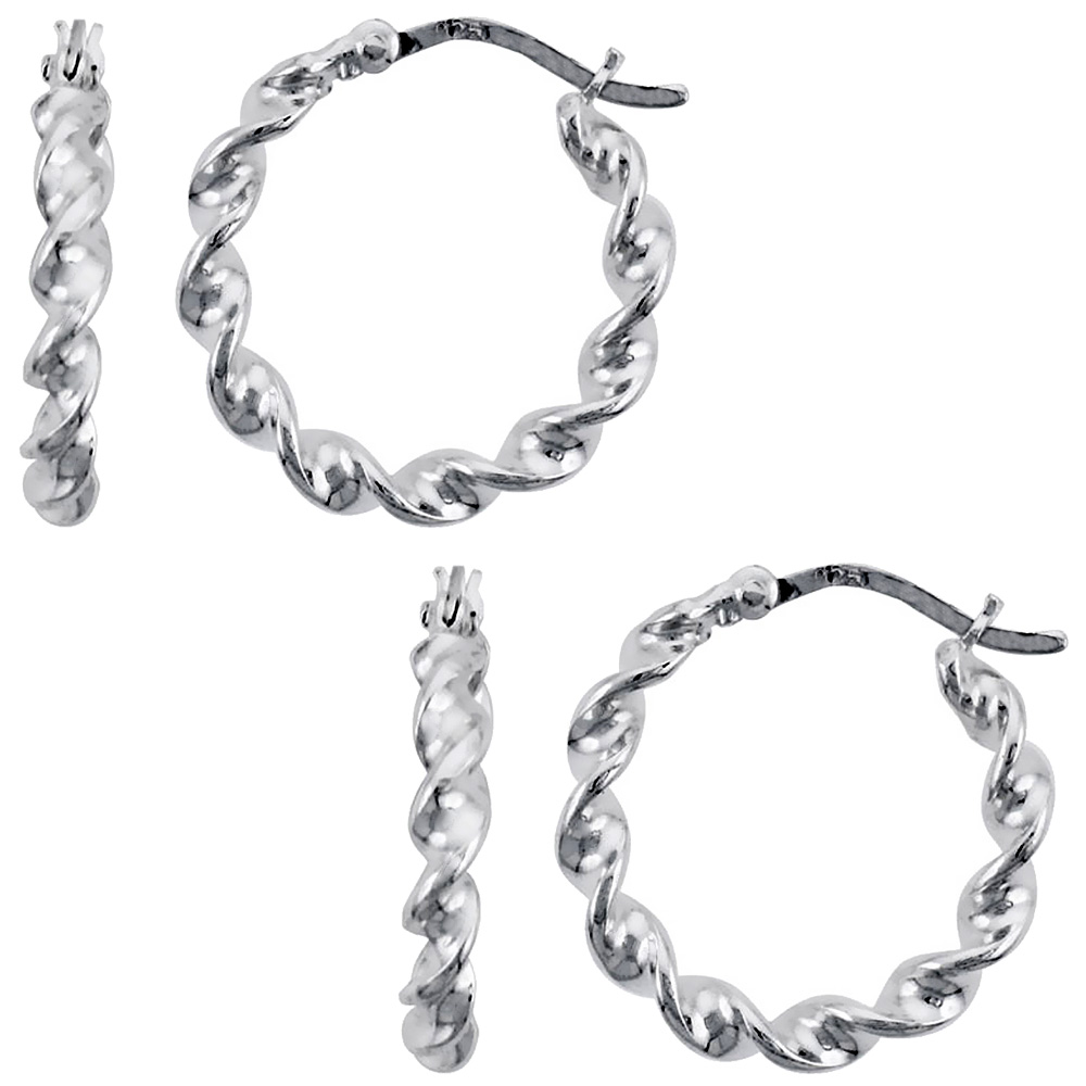 2-Pair Pack Sterling Silver 20mm Twisted Hoop Earrings for Women with Post-Snap Closure 3mm Flat Wire 3/4 inch round