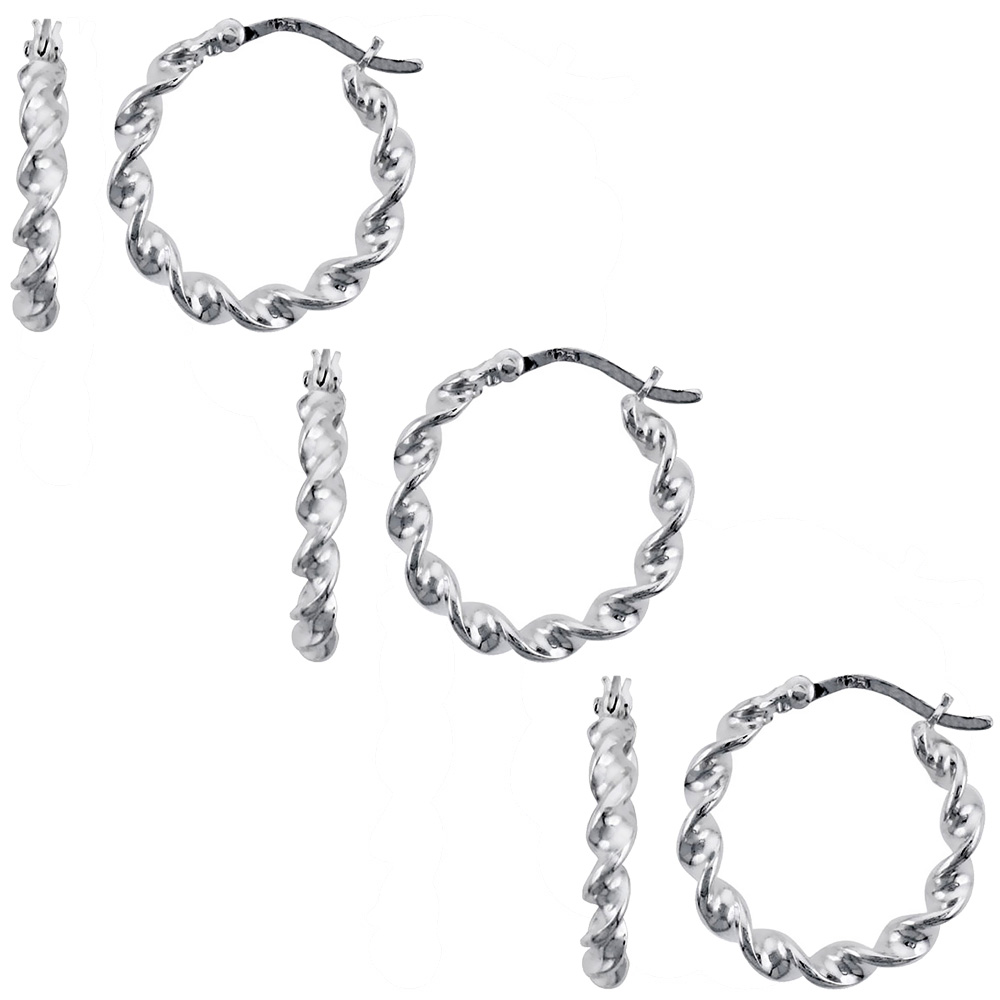 3-Pair Pack Sterling Silver 20mm Twisted Hoop Earrings for Women with Post-Snap Closure 3mm Flat Wire 3/4 inch round
