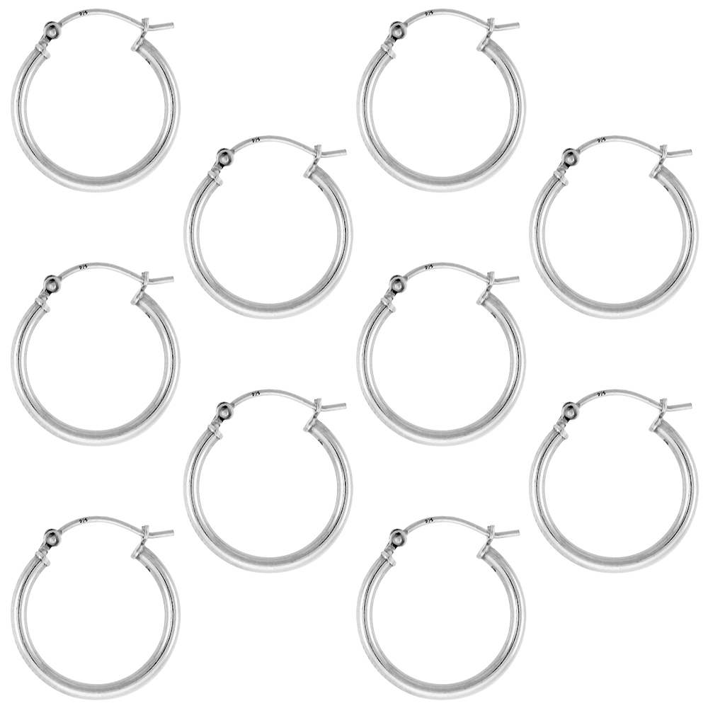 10 Pairs Sterling Silver 13/16 inch 20mm Hoop Earrings Women and Men Click Top 2mm Tube