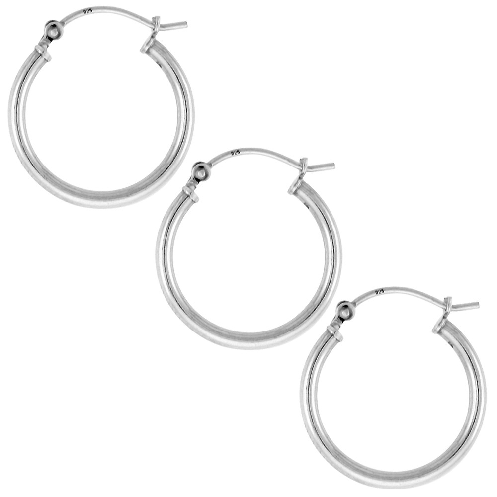 3 Pairs Sterling Silver 13/16 inch 20mm Hoop Earrings Women and Men Click Top 2mm Tube