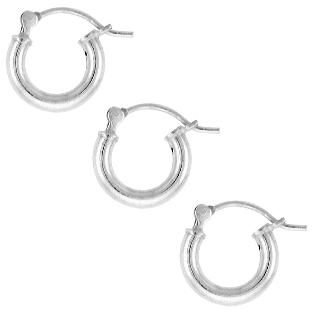 3 Pairs Sterling Silver 1/2 inch 12mm Hoop Earrings Women and Men Click Top thick 2.5mm Tube