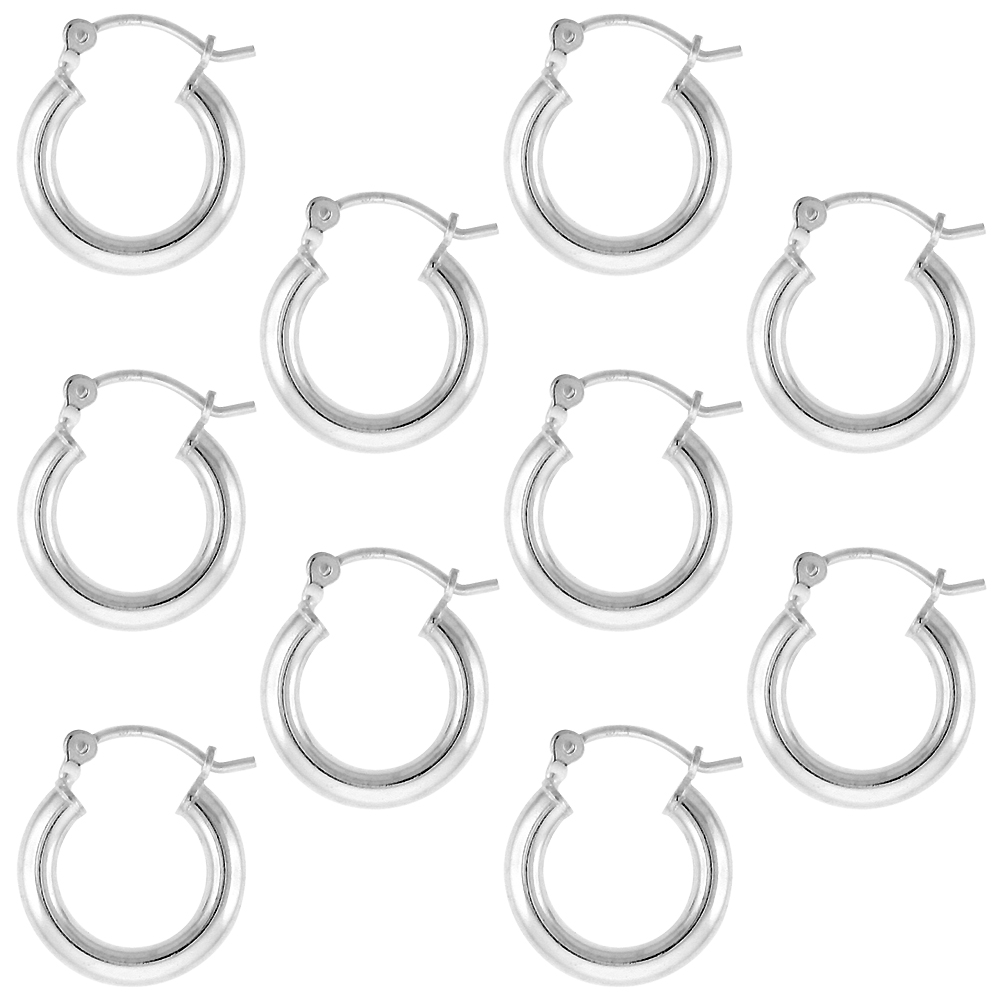 10 Pairs Sterling Silver 9/16 inch 14mm Hoop Earrings Women and Men Click Top thick 2.5mm Tube
