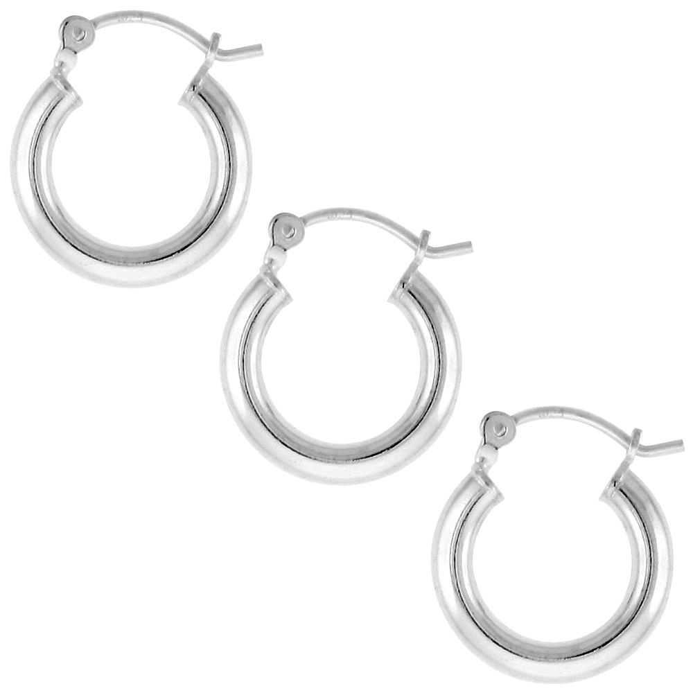 3 Pairs Sterling Silver 9/16 inch 14mm Hoop Earrings Women and Men Click Top thick 2.5mm Tube