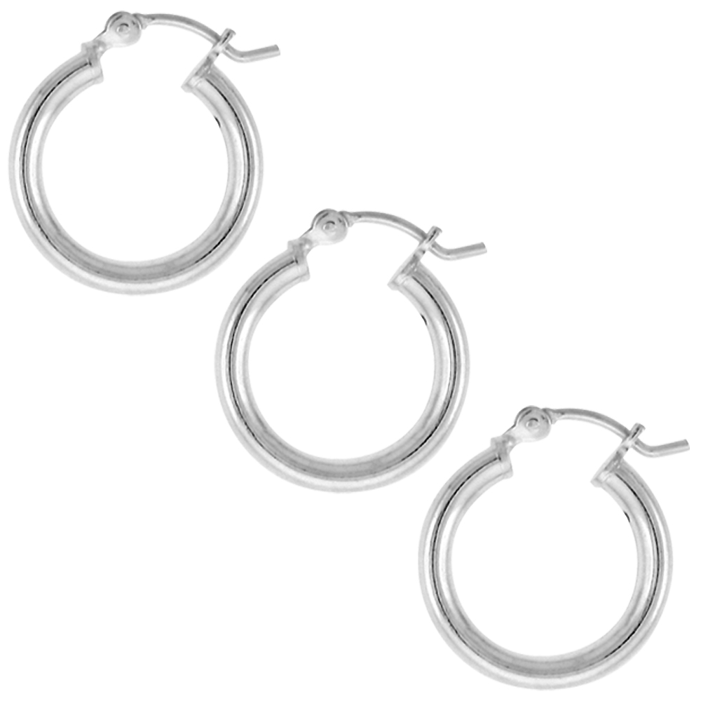 3 Pairs Sterling Silver 5/8 inch 16mm Hoop Earrings Women and Men Click Top thick 2.5mm Tube