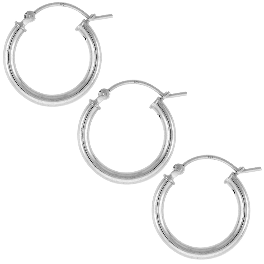 3 Pairs Sterling Silver 3/4 inch 18mm Hoop Earrings Women and Men Click Top thick 2.5mm Tube