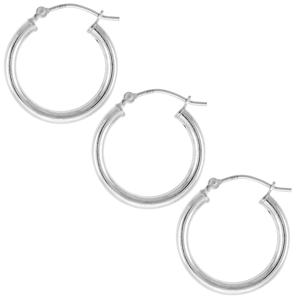 3 Pairs Sterling Silver 9/16 inch 20mm Hoop Earrings Women and Men Click Top thick 2.5mm Tube