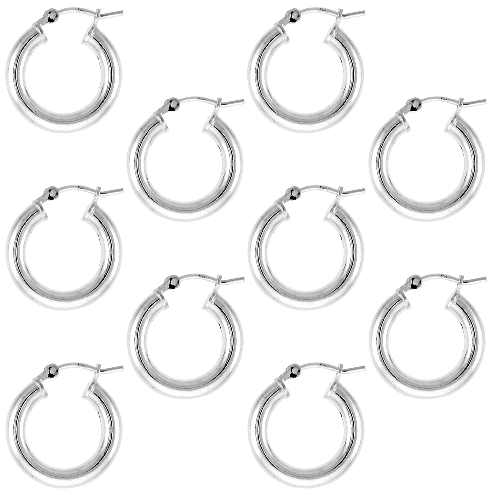 10 PAIRS STERLING SILVER 5/8 INCH 16MM HOOP EARRINGS WOMEN AND MEN CLICK TOP THICK 3MM TUBE