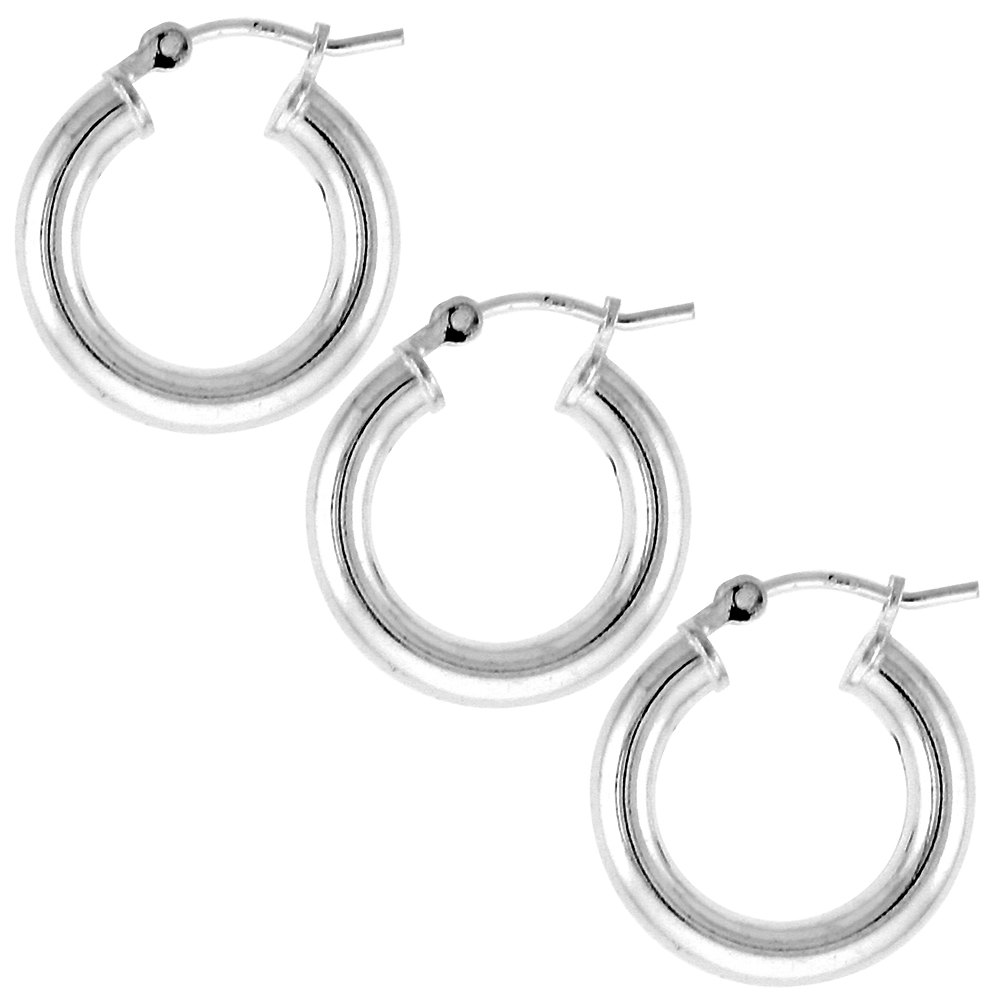 3 Pairs Sterling Silver 5/8 inch 16mm Hoop Earrings Women and Men Click Top thick 3mm Tube
