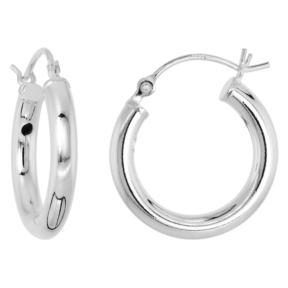 Sterling Silver 3/4 inch 18mm Hoop Earrings Women and Men Click Top thick 3mm Tube