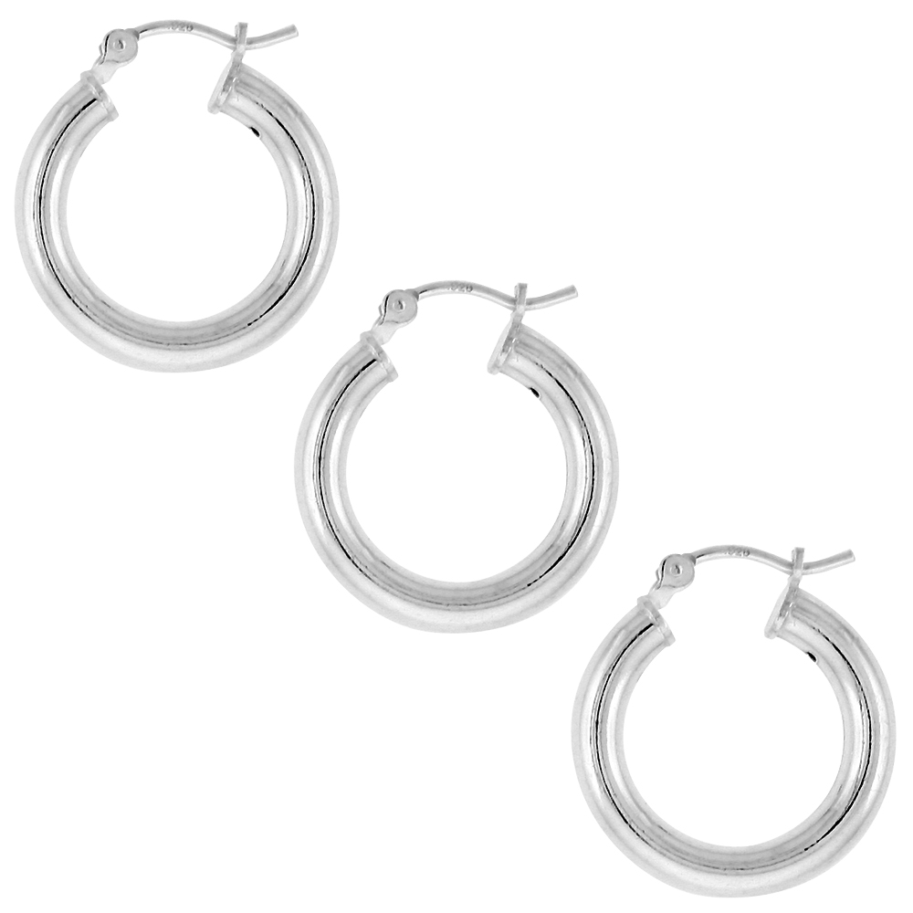 3 PAIRS STERLING SILVER 3/4 INCH 18MM HOOP EARRINGS WOMEN AND MEN CLICK TOP THICK 3MM TUBE