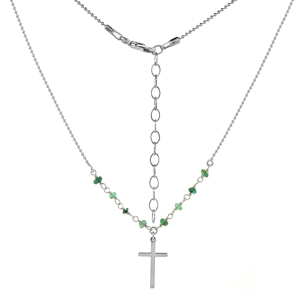 Sterling Silver Dainty Cross Necklace Genuine Emerald Beads Faceted Rhodium 16-18 inch