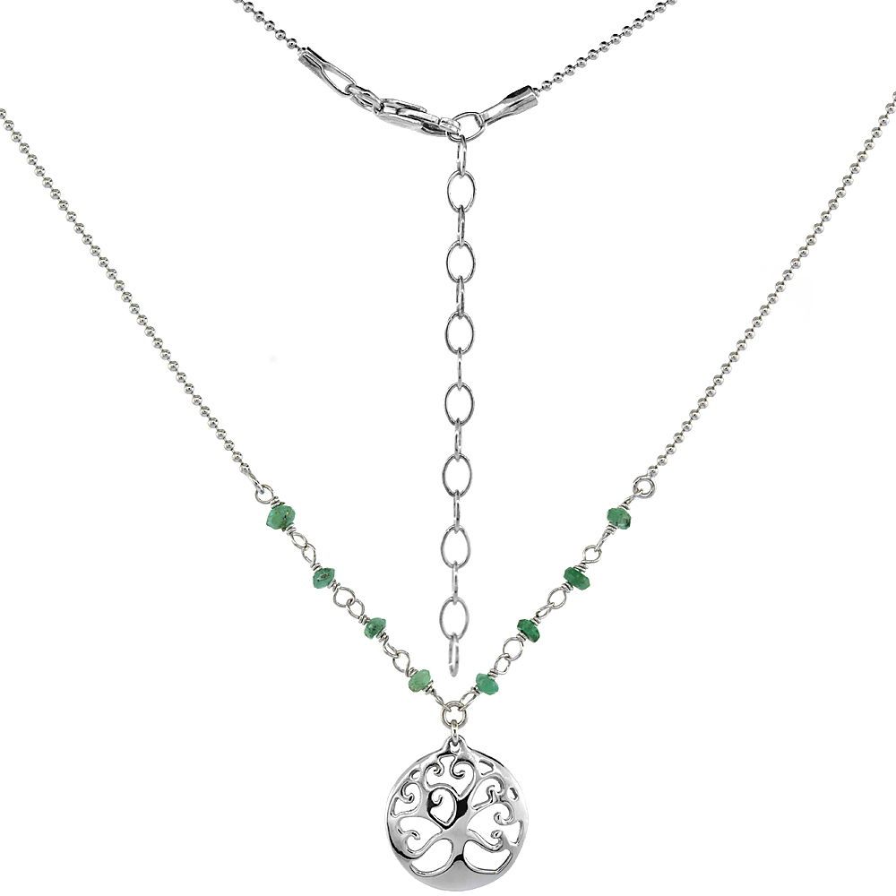 Sterling Silver Dainty Tree of Life Necklace Genuine emerald Beads Faceted Rhodium 16-18 inch
